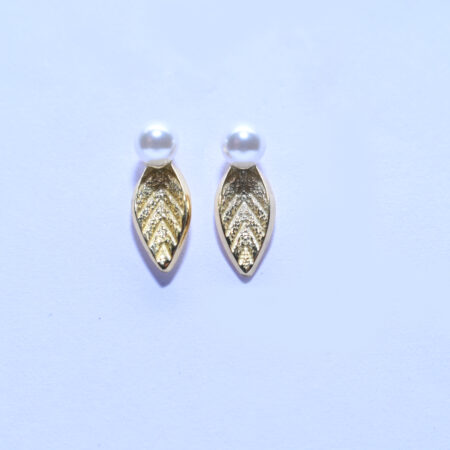 Elegant Gold-Plated Raindrop Leaf Stud Earrings with Classic White Faux Pearls